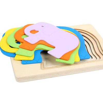 Montessori Panel Animal Puzzle Toy Wooden 3D Multilayer Gradient Color Elephant Duck Puzzle Early Learning Color Cognitive Panel
