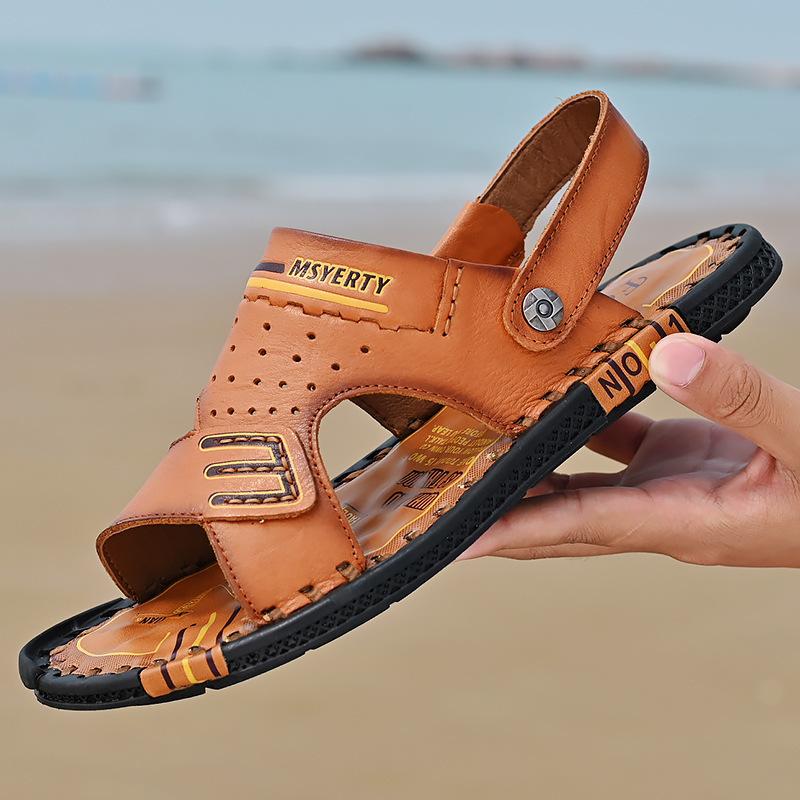 

Sandals men s 2025 first layer cowhide men s open-toed casual beach one shoe dual-purpose slippers breathable breathable non-slip 44