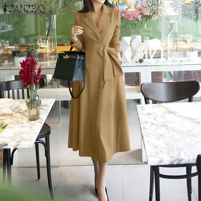 Women Vintage Suit Collar Long Sleeve Tie Pocket A-Line Dresses