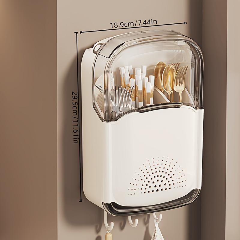 A Wall-Mounted Kitchen Chopstick Holder - a No-Drill Cutlery Storage Box with a Draining Tray, Multifunctional Kitchen Shelf with Hooks, Removable