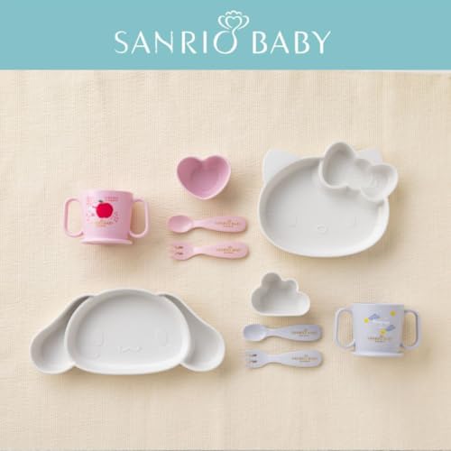 Sanrio Baby Hello Kitty Baby-Geschirrset (5-teiliges Set): Mittagsteller, Kleine Schüssel, Becher mit zwei Henkeln, Löffel, Gabel. Perfekt für Babys und Kinder. ZU
