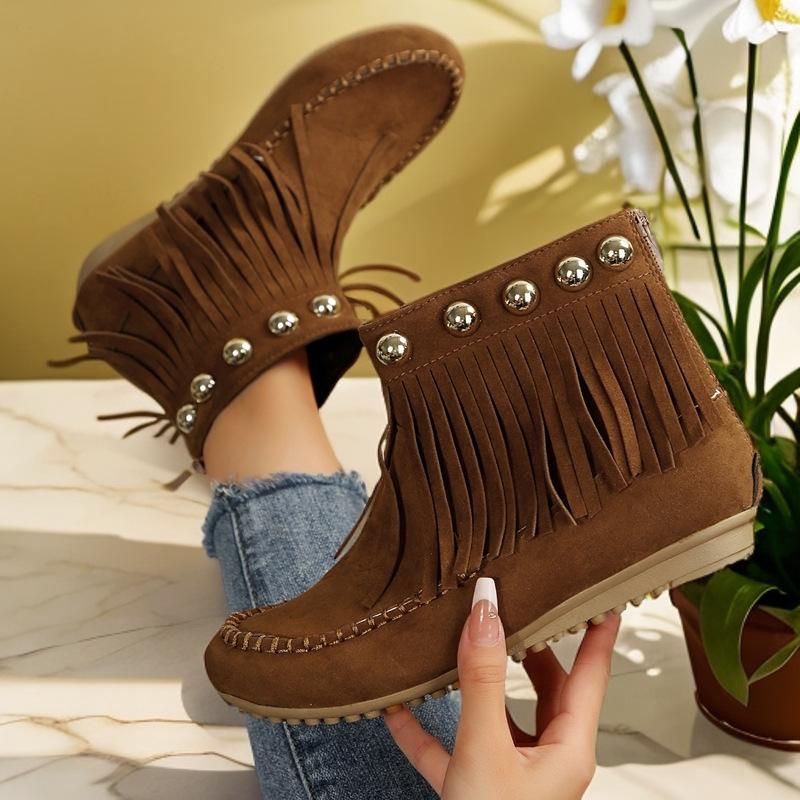 Autumn and Winter Versatile Rivet Flat Bottom Short Tube Tassel Women's Boots Suede Flat Bottom Women's Boots Plus Size 35-42