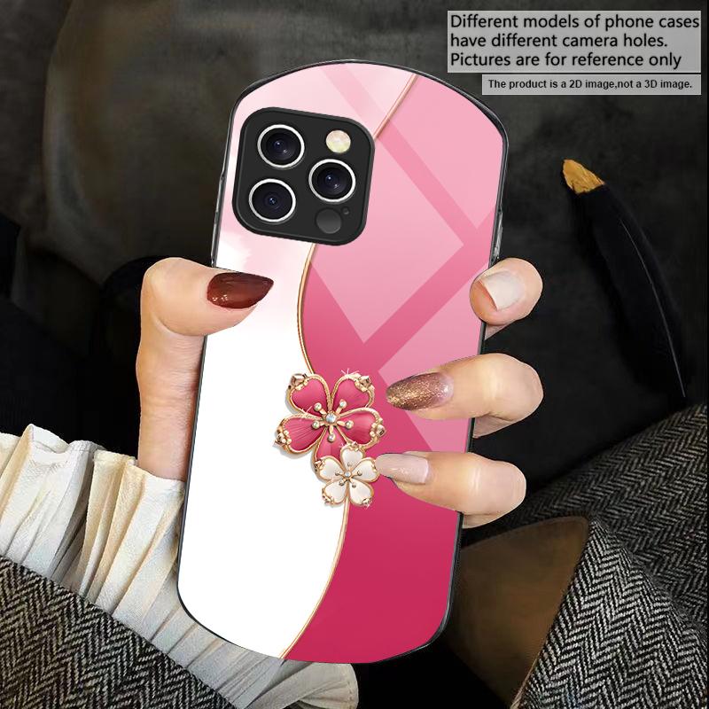 Lucky Four-leaf Clover For iPhone 16 15 14 13 Plus 12 Mini 11 Pro Max XR Xs X 7 8 6 6S Elliptical Tempered Glass Phone Case