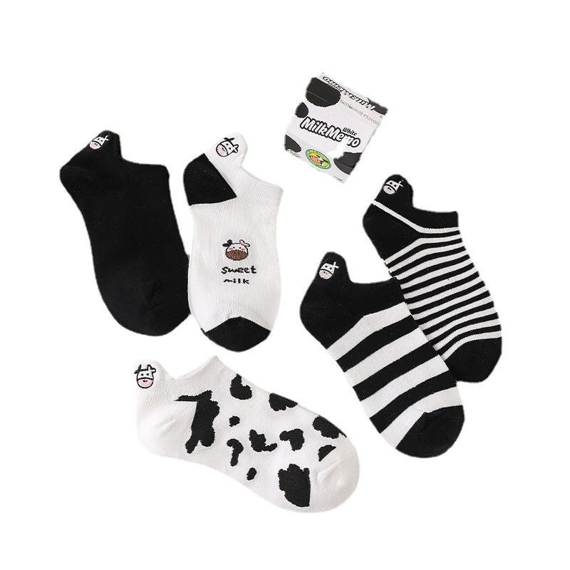 Ladies Spring and Summer Embroidered Striped Cartoon Black and White Cow Sweet Cute Short Tube Socks