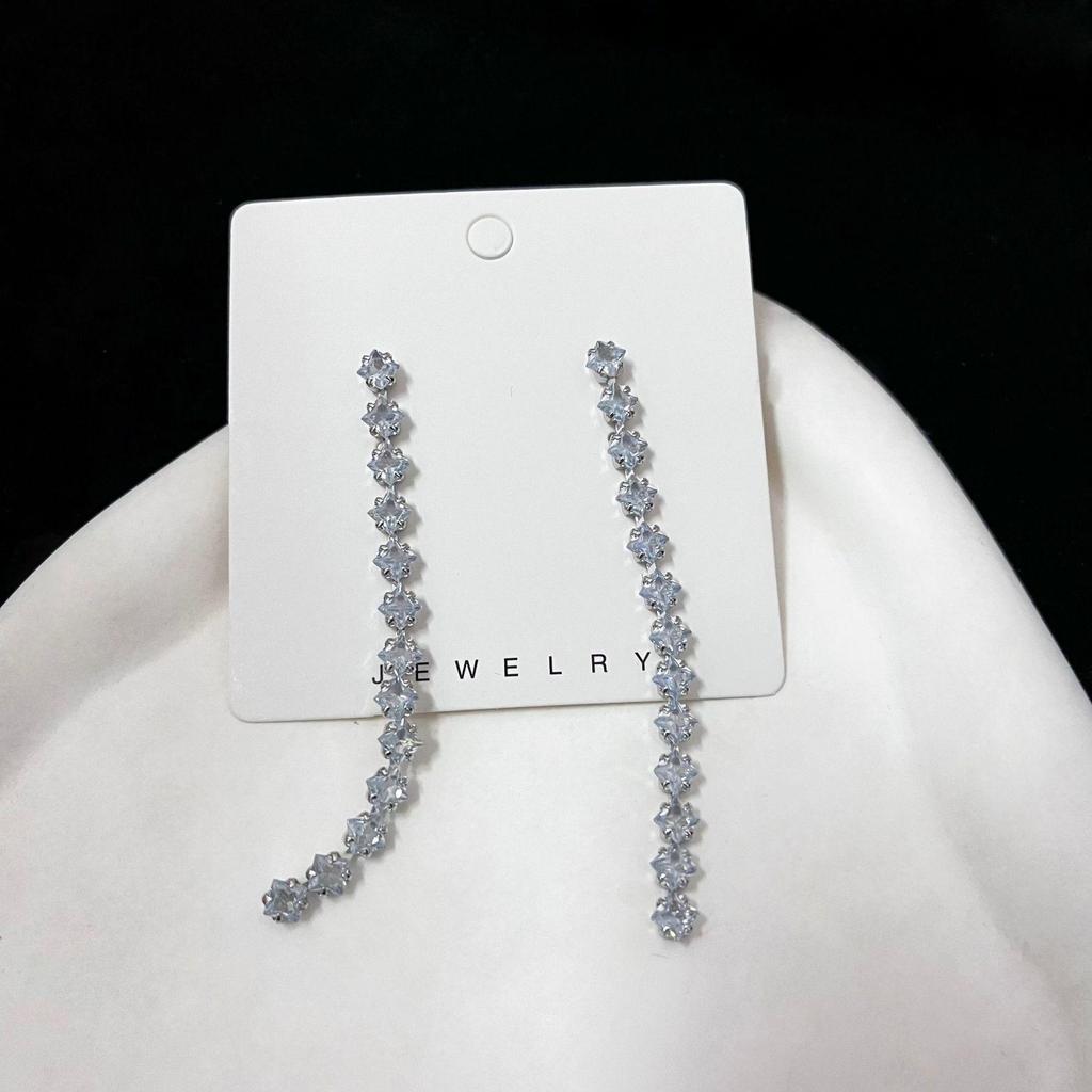 Exaggerated Diamond Tassel Earrings: Geometric Long Design with Silver Needle for Women