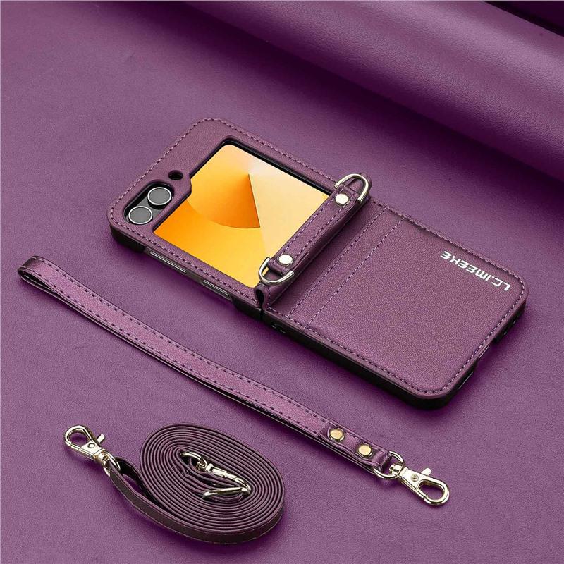 Compatible with Samsung Z Flip7/6 Leather Crossbody Strap Case, Z Flip5 Card Slot 3-Fold Cover.