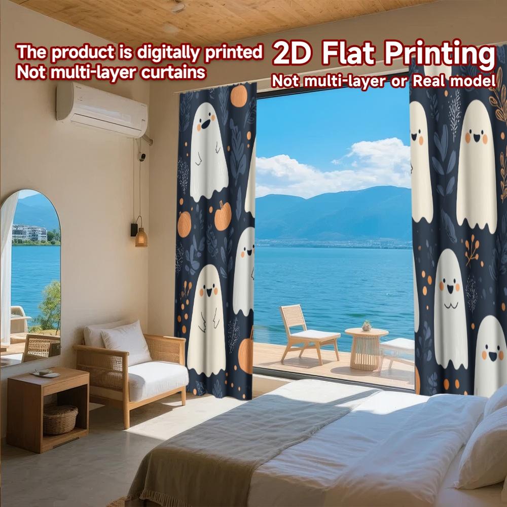 Set Of 2 Modern Flat Printing Curtains Without Rod Halloween Ghosts Pumpkins Fashionable Curtainments During New Curtain Made Polyester
