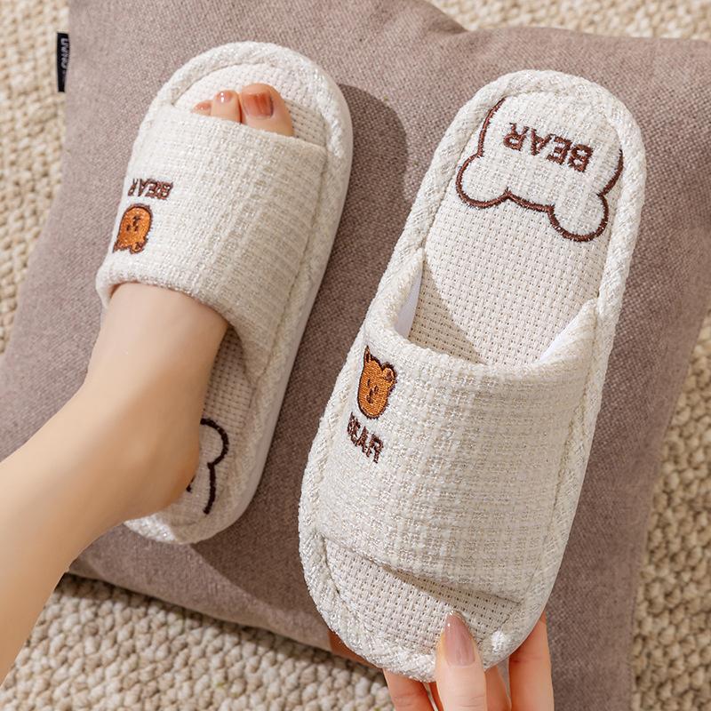 Linen slippers women's thick bottom four seasons universal indoor spring and autumn summer home use cotton and linen drag non-slip men