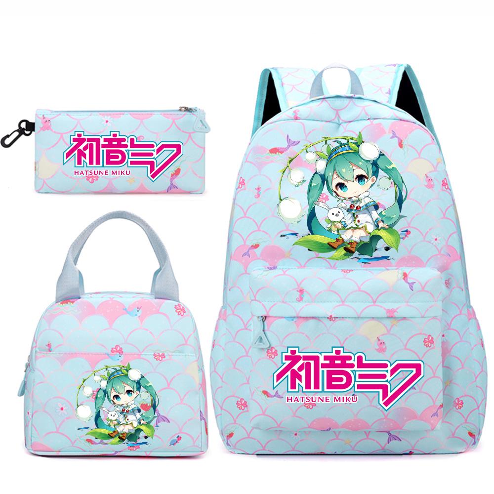 3 Stück/Set Anime Cartoon Hatsune Miku Bedruckter Rucksack Handtasche Federmäppchen für Teenager Schüler Mädchen Jungen Große Kapazität Wasserdicht Schultasche Reisetasche