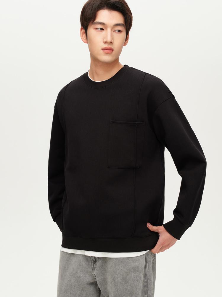 Men's Black Fleece-Lined Faux Two-Piece Round Neck Hoodie - 2025 Autumn/Winter Loose Pullover Top