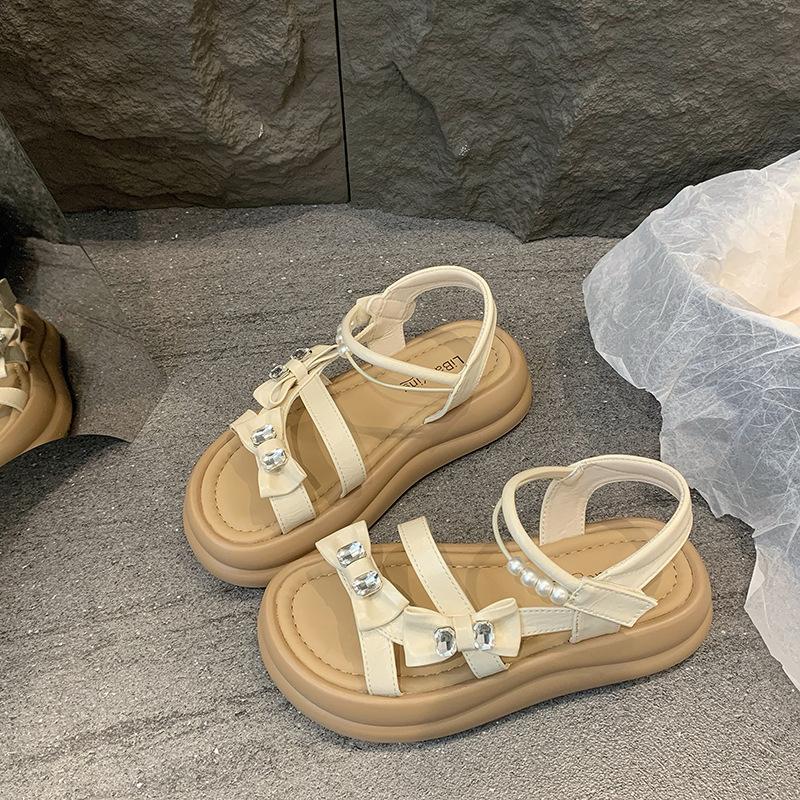 

Rhinestone bow platform sandals women s summer wear new high-end one-word sandals 40 бежевый