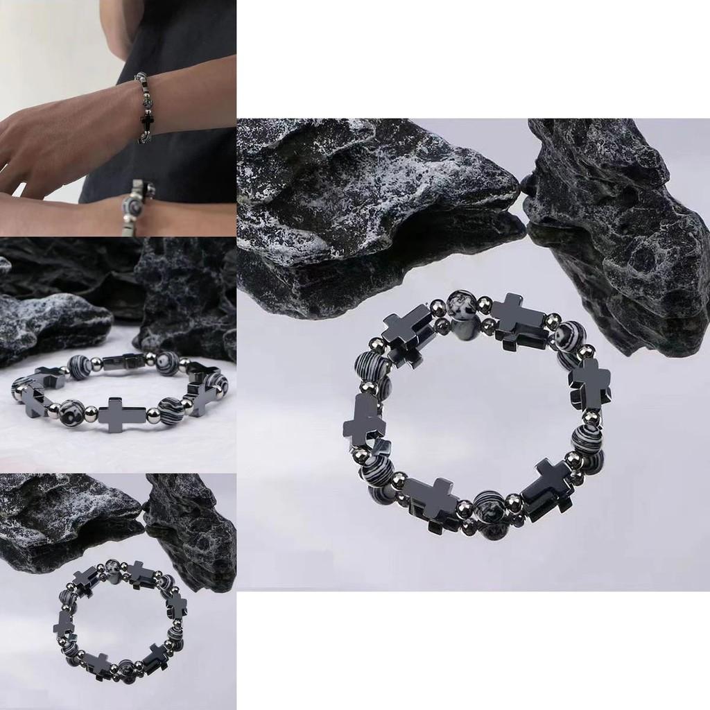 Natural Cross Stone Black Beaded Bracelet For Couples Minimalist Cold Wind Style
