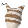 Casual Outdoor Knitted Cap Cat Ear Hat for Women Girls, Striped Slouchy Crochet Headgear Fashionable Daily Wear with Shiny Rhinestones, Cute