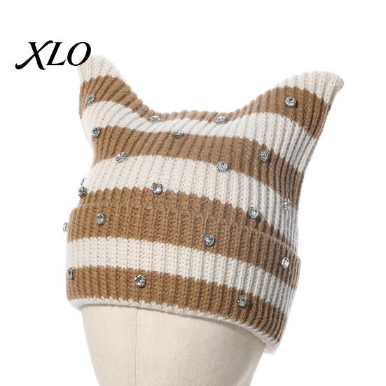 Casual Outdoor Knitted Cap Cat Ear Hat for Women Girls, Striped Slouchy Crochet Headgear Fashionable Daily Wear with Shiny Rhinestones, Cute