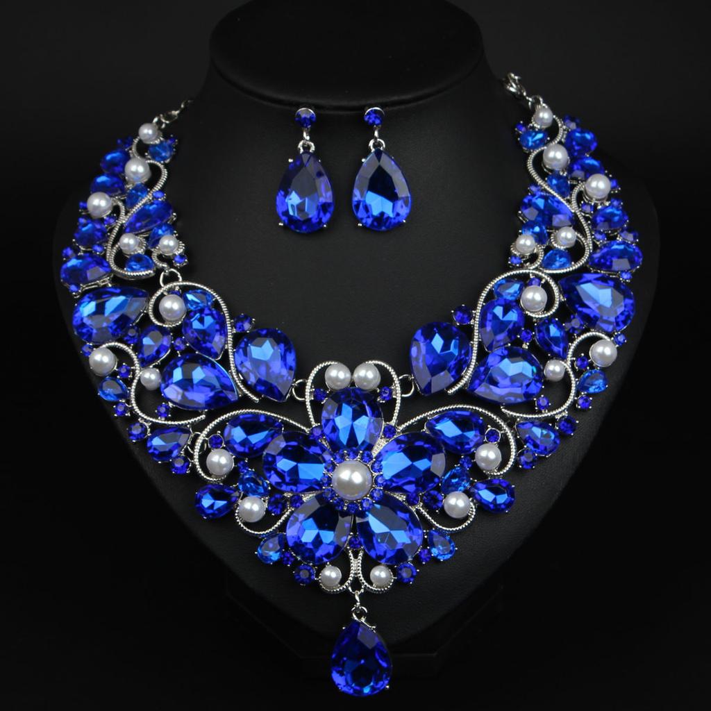 Exaggerated Crystal Flower Water Droplet Necklace Earring Set Women Dress Banquet Accessories