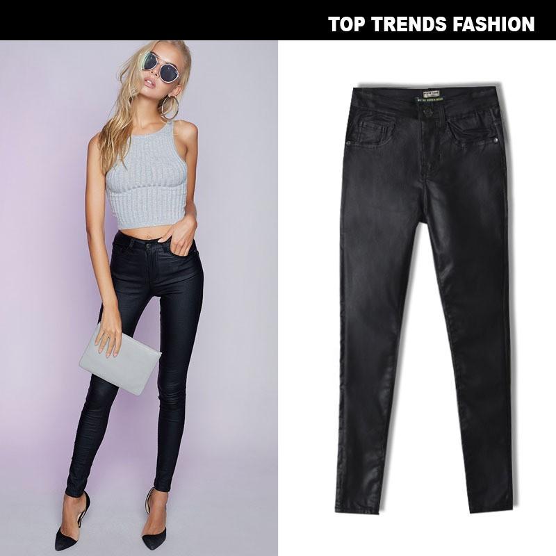 High Waist Slim Fit Stretch Faux Leather Denim Pants With PU Pockets Motorbike Style Plus Size