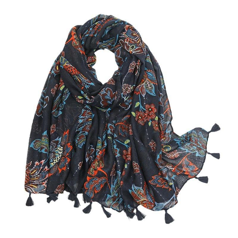 Small fresh medium and retro blue and white porcelain cotton and linen feel scarf, Bali yarn silk scarf, blue flower shawl women