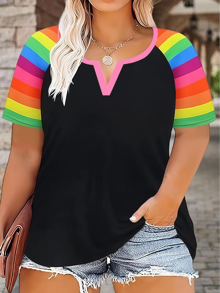 T-shirt à manches courtes pour femme grande taille à col en V et imprimé ethnique printemps/été 2025