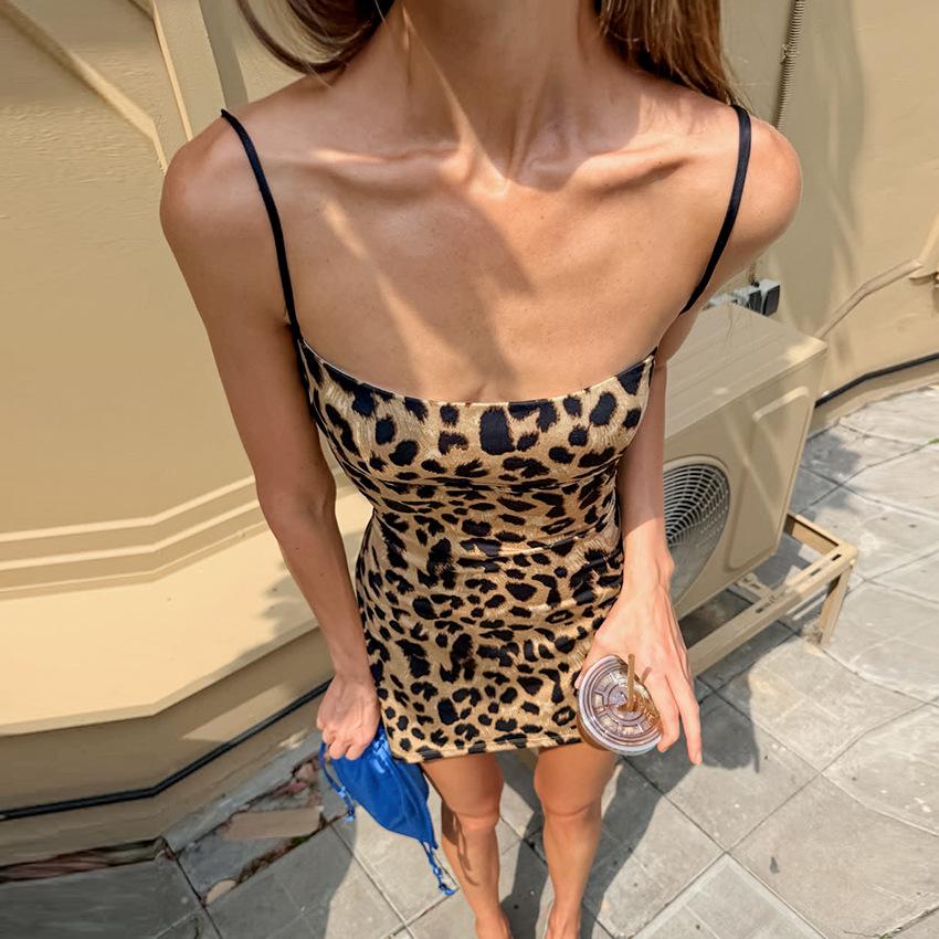 Women's Leopard Print Mini Dress, Spaghetti Strap Bodycon Cami Dress, Sleeveless Slim Fit Summer Party Going Out Dress