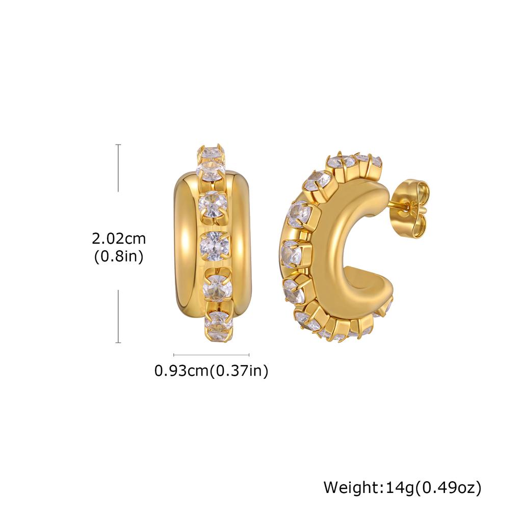 Unique Stainless Steel C-Shaped Hoop Earrings for Women, 18K Gold Plated Cubic Zircon Polished Earrings, Fashion Jewelry