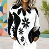 Women Plus Size Collared Neck Long Sleeve Black White Printed Button Front Curved Hem Shirt