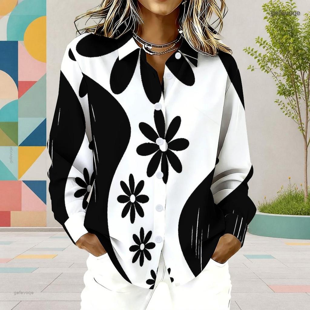 Women Plus Size Collared Neck Long Sleeve Black White Printed Button Front Curved Hem Shirt