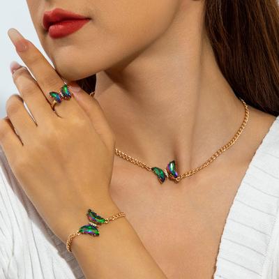 Gradual Change Butterfly Necklace, Versatile Crystal Colorful Bracelet Ring Jewelry Set