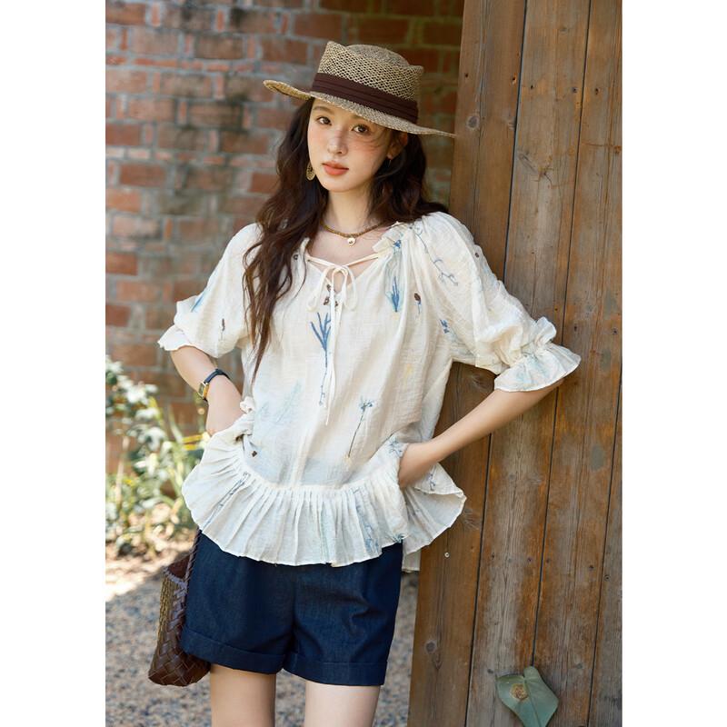 Women s French Embroidered Ruffle Trim Blouse S