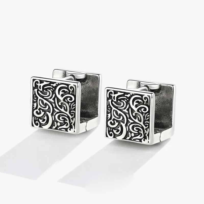 Vintage Ethnic Thai copper Square Hoop Huggie Earrings for Women Men Chic Pattern Square Earring Hip Hop Rock Rap Cool Jewelry