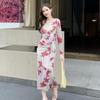 Elegantes V-Ausschnitt Netzkleid mit Print: Hohe Taille, Schlankmachender Falten-Schlitz, Langarm Bodycon Rock