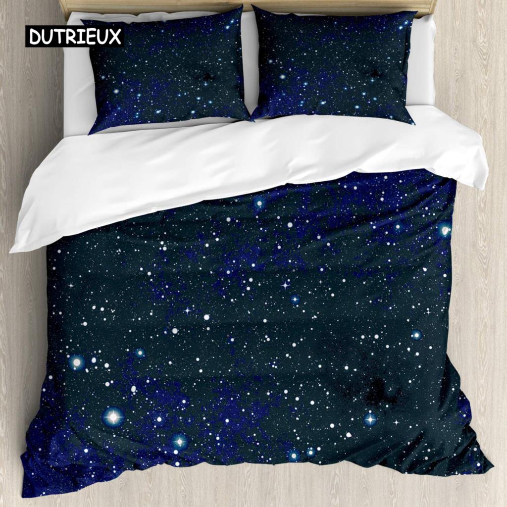 Star Single Double Twin Queen Bedding Set 2/3pcs Night Sky Polyester Bed Cover Kid Duvet Cover Set Dark Blue Galaxy Bedclothes