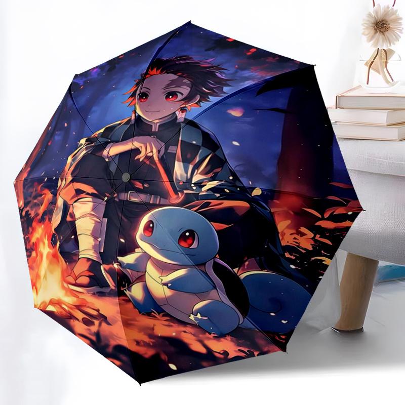 1pc Kamado Tanjirou & His Pokémon Durable Cartoon Folding Cartoon Practical Umbrella, Portable 3-Fold Compact Umbrella for Men and Women, Suitable for