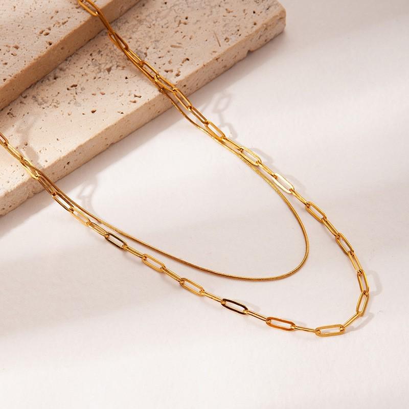 European & American Stainless Steel Double Layer Paperclip Necklace - Geometric Collarbone Chain for Women, Hip Hop Style.