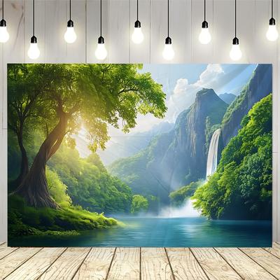Majestic Mountain Valley with Waterfall and Sunlight Tree Wall Tapestry 2D Flat Print Nature Art Landscape Decor Boho Style