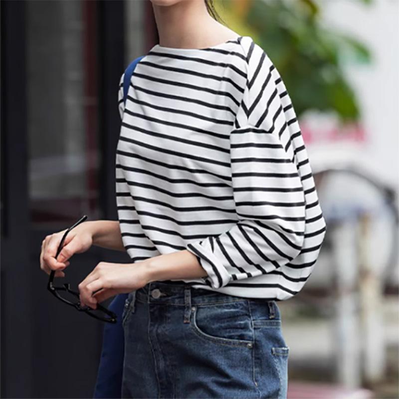 New Autumn Women's Striped T-shirt Pure Cotton Casual Simple Versatile Round Neck Long-sleeved Top