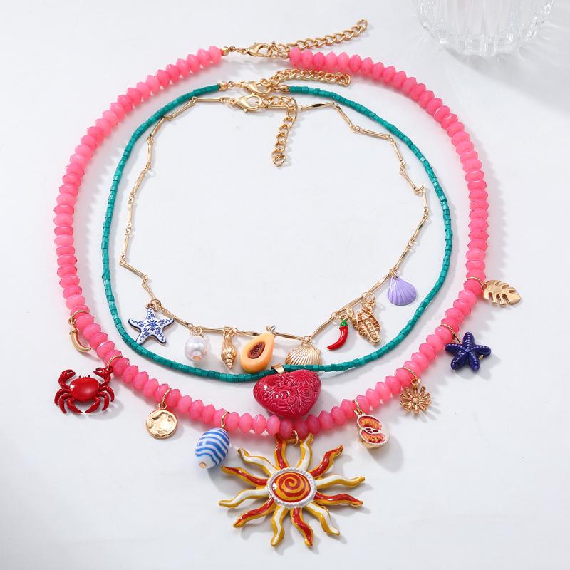 3Pcs/Set  Colorful Resin Beaded Charms Necklaces For Women Summer Ocean Vacation Style Party Jewelry Neck Accessories