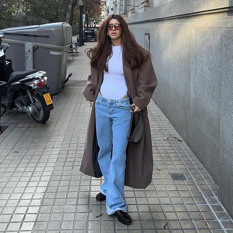 Damen Wollmischung Langer Trenchcoat mit Revers Kragen Lockerer Sitz Büro Chic Winter Oberbekleidung