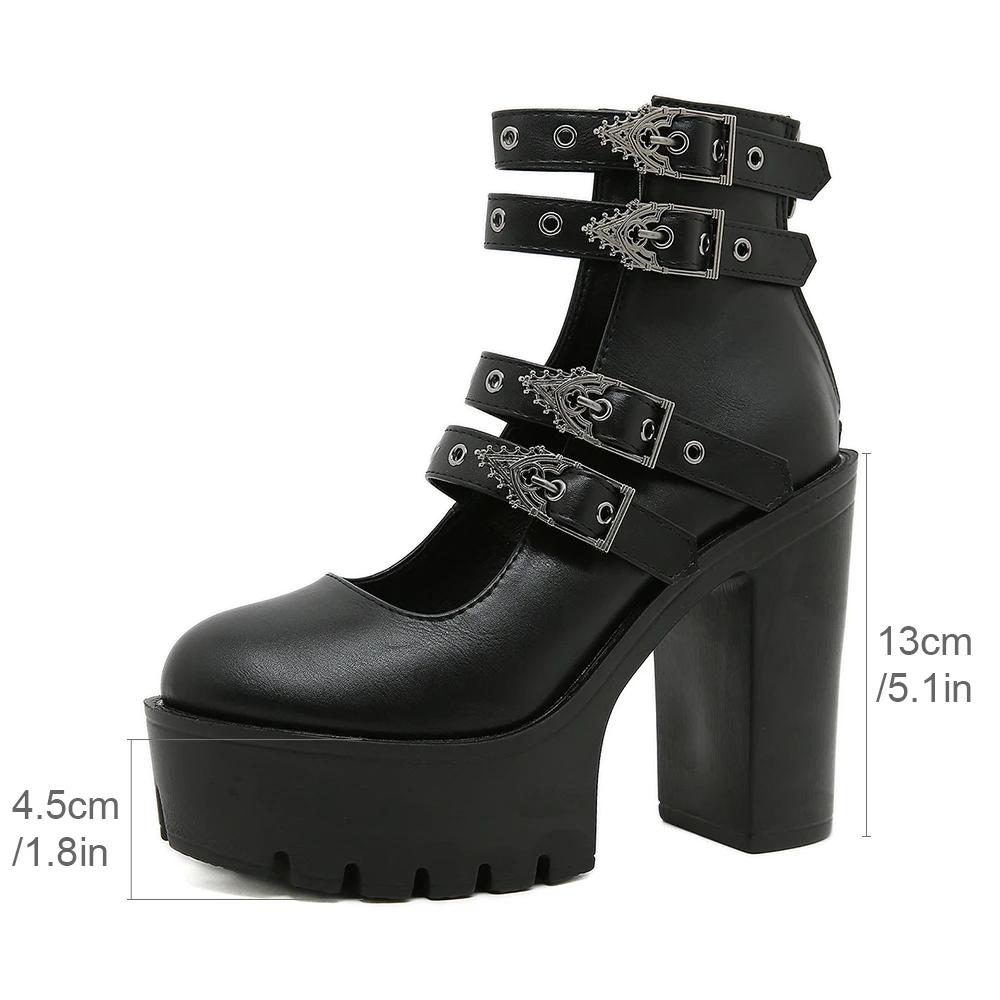 Fashion Women Block Heels for Halloween Fashion Buckle Strap Dress Pumps Platform Mary Jane Shoes Stylish Back Zipper