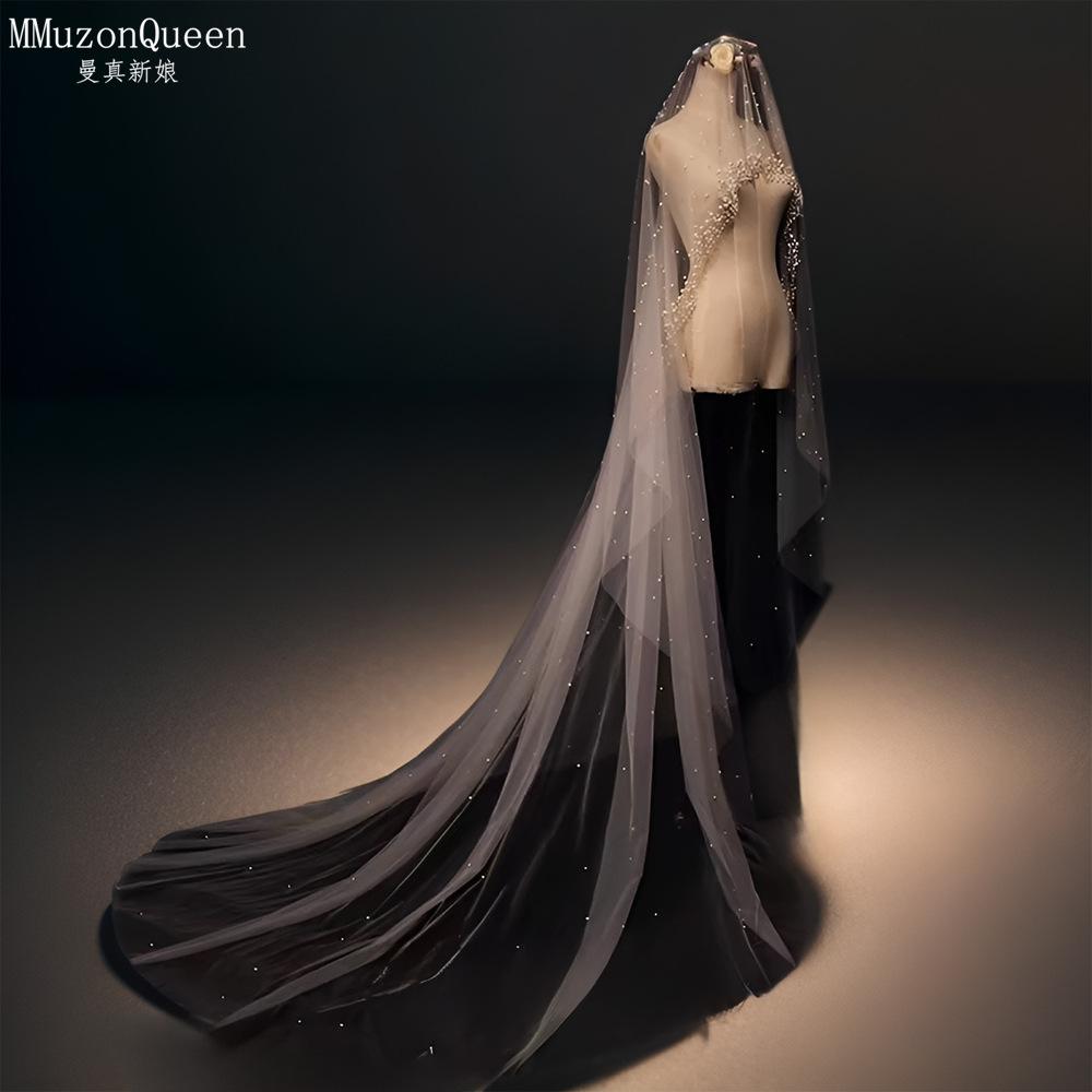 Long Cathedral Train Pearl Tulle Bridal