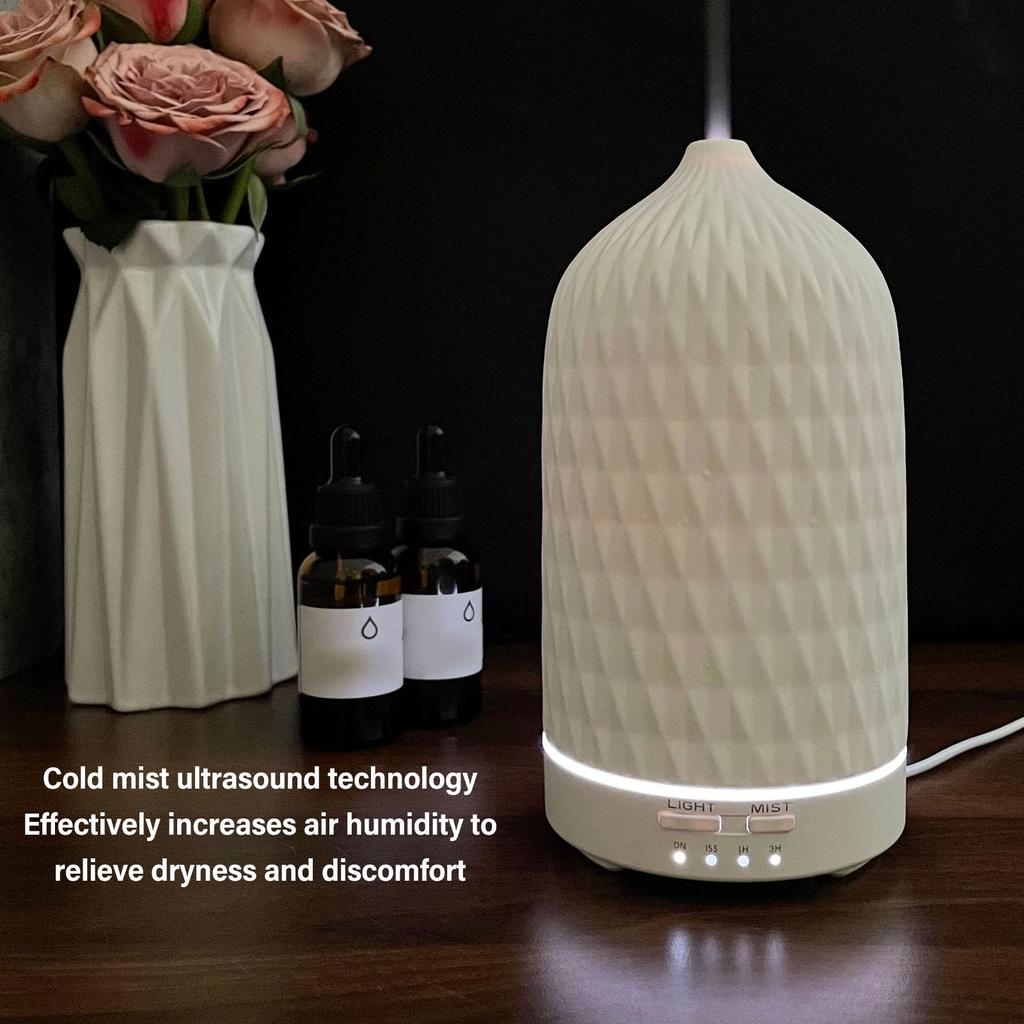 Essential Oil Diffuser Humidifier Ceramic Rhomboid Aromatherapy Diffuser Ultrasound Cool Mist Humidifier with 7 LED Lights