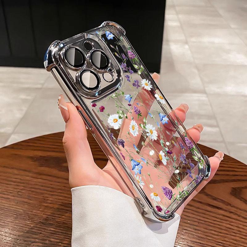 Flower Floral Print Electroplated Phone Casing For iPhone 17 11 13 14 16 15 Pro Max 14 Plus 12 Mini 17 Air 16E Fashion Soft Case