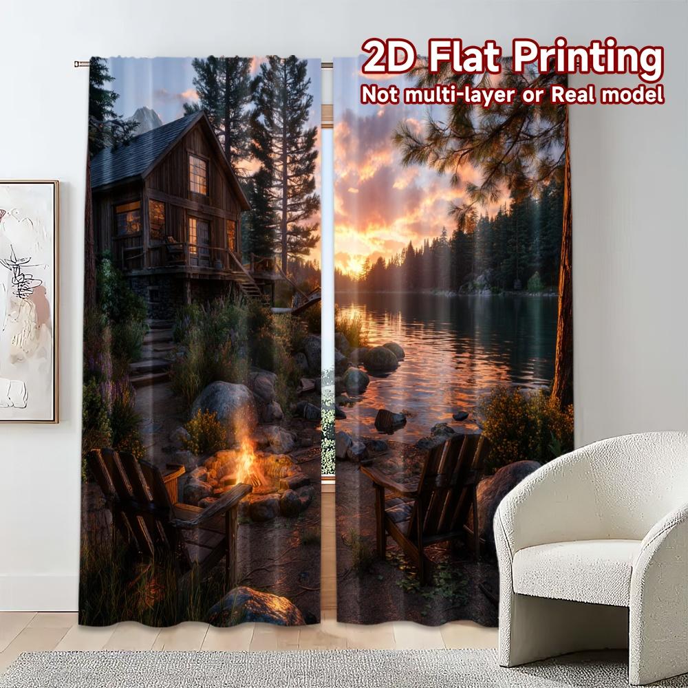 2pcs, 2D FLAT PRINTING Curtains (Without Rod) Cabin Serenity Popular Popular Curtain Machine Washable Fabric Curtains Versatile