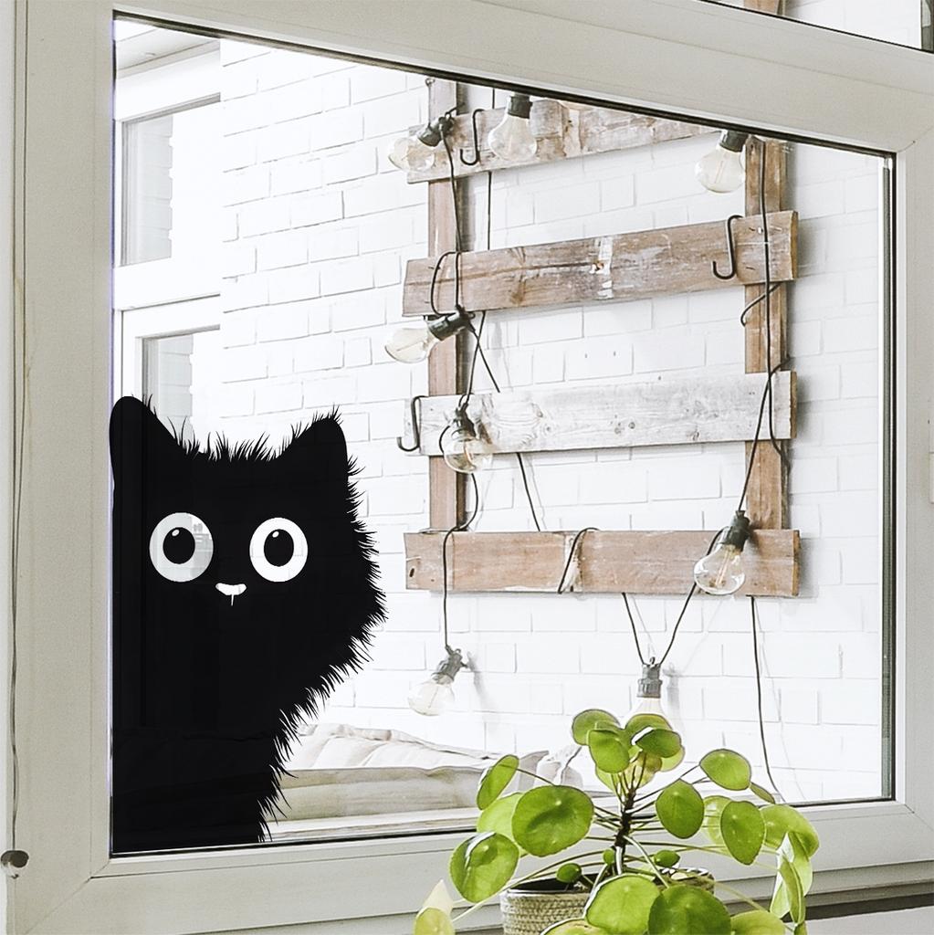 Black Cat Peeking Out Fully Transparent Double Sided Visible Static Cling Glass Sticker Home Decor