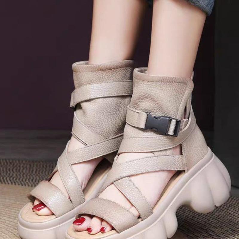 Open-toe Soft-soled Roman Sandals for Women, Thick-soled Retro 2025 Summer New Style High-top Fashionable Cool Boots for Women