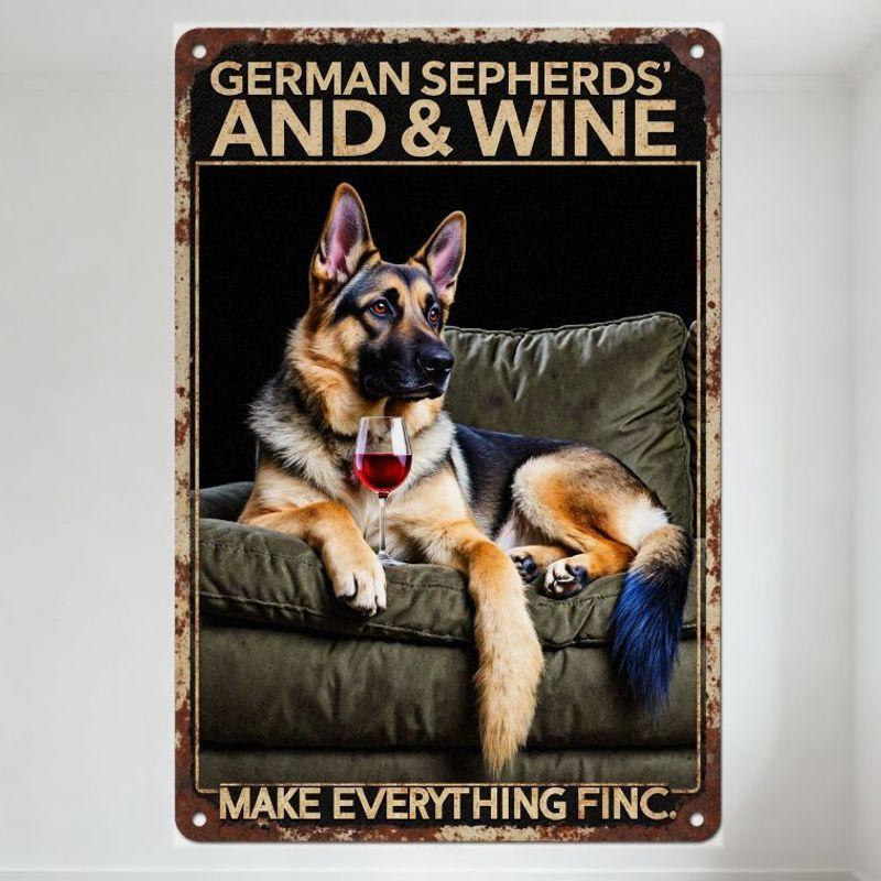 

Vintage Rustic German Shepherd Dog Metal Tin Sign, Weathered Border, Glass of Wine on Green Chair, GERMAN SHEPHERDS AND WINE & 20x30cm（7.8x11.8inch）
