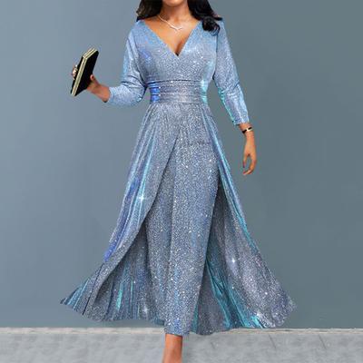 Dame Jumpsuit med glitteroverlegg Sexy V-hals Langermet Paljett Ball Cocktail Rompere Lange Kjoler