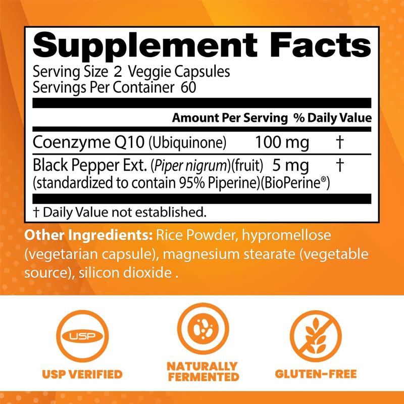 Highly Absorbable Coenzyme Q10, Contains Black Pepper Extract, Vegan, Promotes Energy Production, and Supports Immunity.
