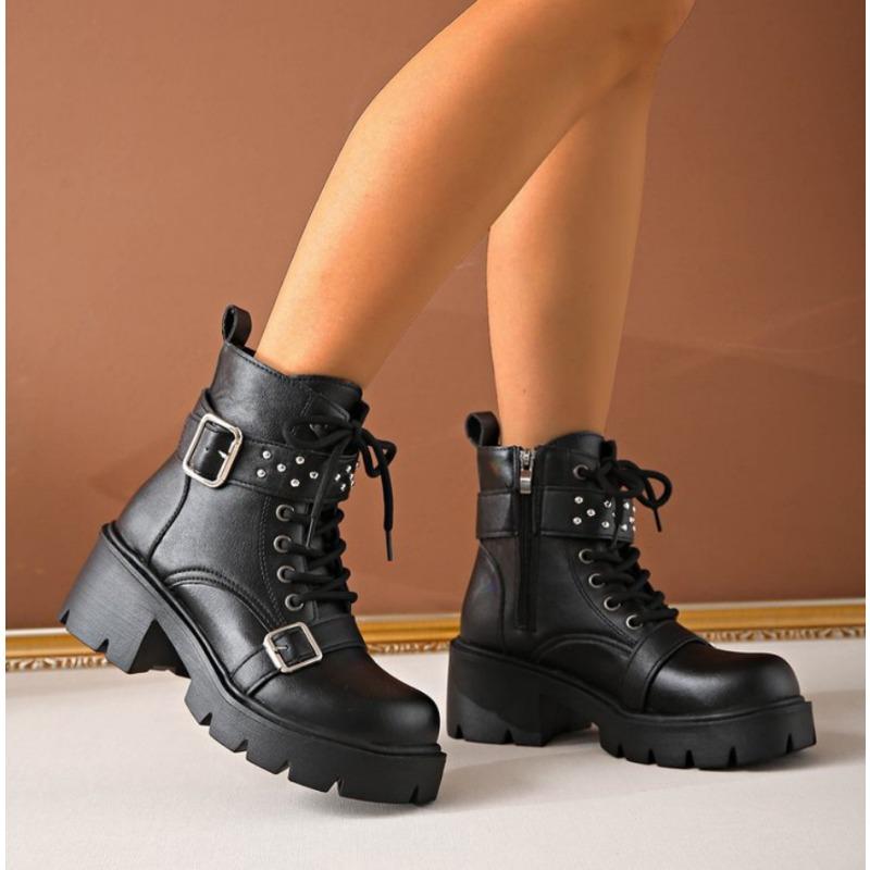 Fashion Women Platform Ankle Boots Vintage Thick Bottom Lace Up British Motorcycle Booties Outdoor Designer Shoes Women Zapatos De Mujer