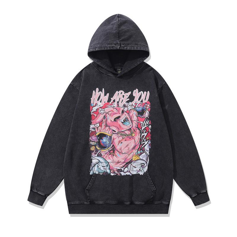 Japanese Cartoon Animation Direct Injection Printing Hooded Sweater Men'S Retro Washed Old Cotton Hoodie Men