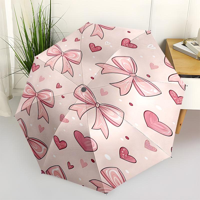 Pink Bow and Heart Patterned Automatic Opening Folding Umbrella with 8 Bone Iron Frame,Suitable for Fans,Travelers,Daily Use,and Festive